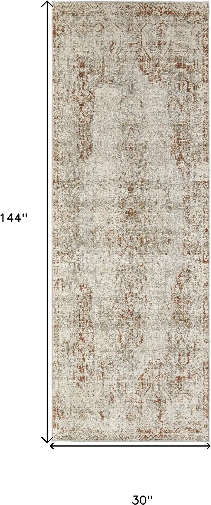 12' Ivory Gray and Brown Abstract Power Loom Worn Faded Runner Rug With Fringe Photo 3