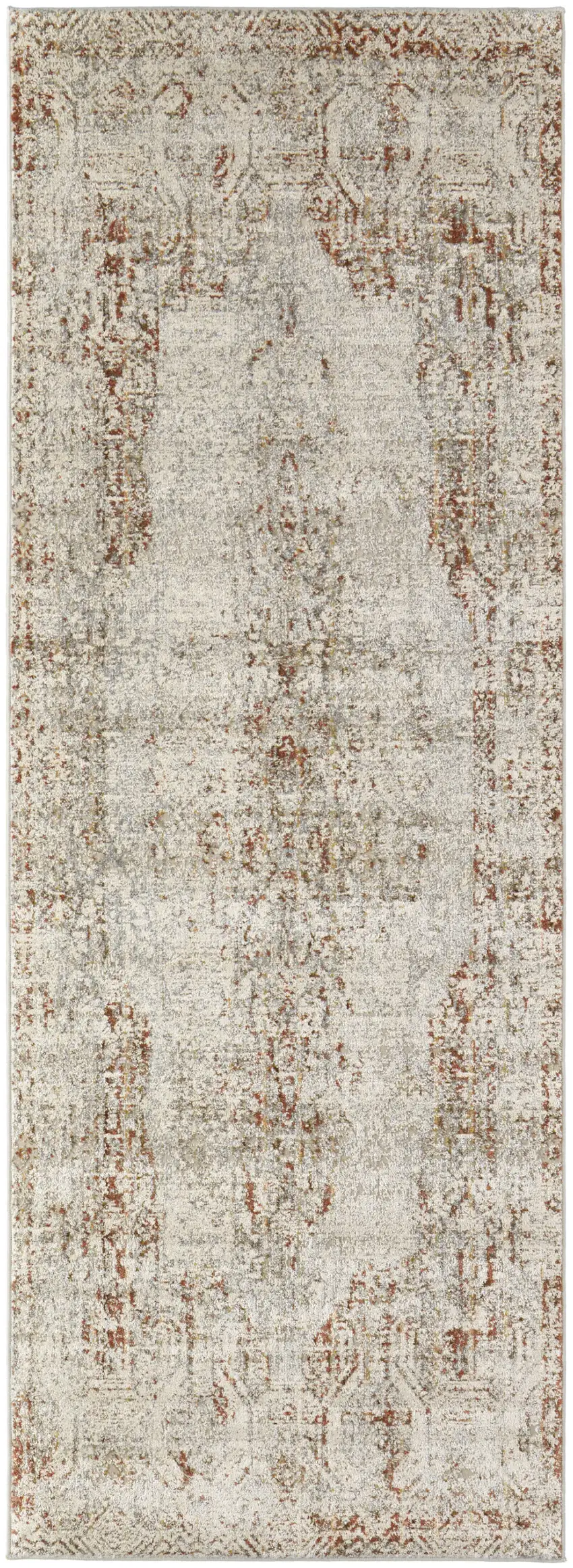 8' Ivory Gray and Brown Abstract Power Loom Worn Faded Runner Rug With Fringe Photo 2