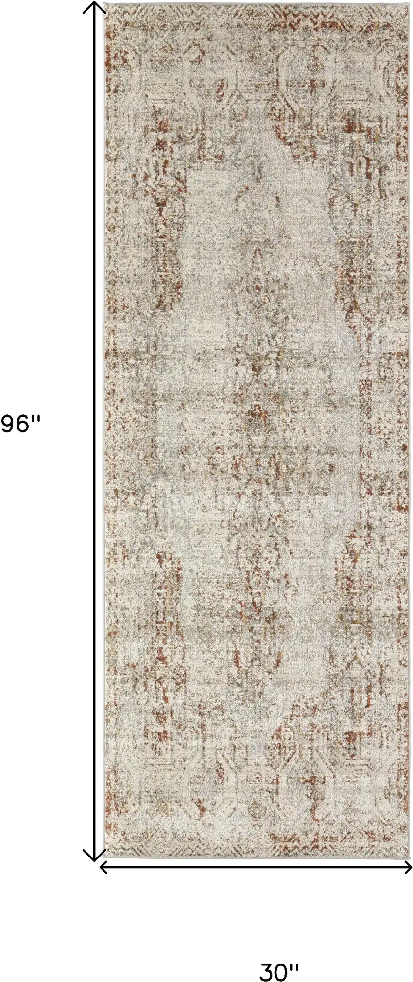 8' Ivory Gray and Brown Abstract Power Loom Worn Faded Runner Rug With Fringe Photo 3