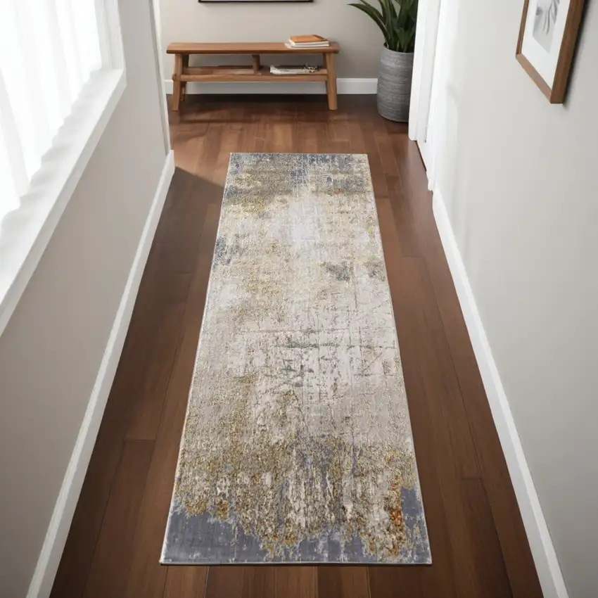 8' Ivory Gray and Brown Abstract Power Loom Worn Faded Runner Rug Photo 2