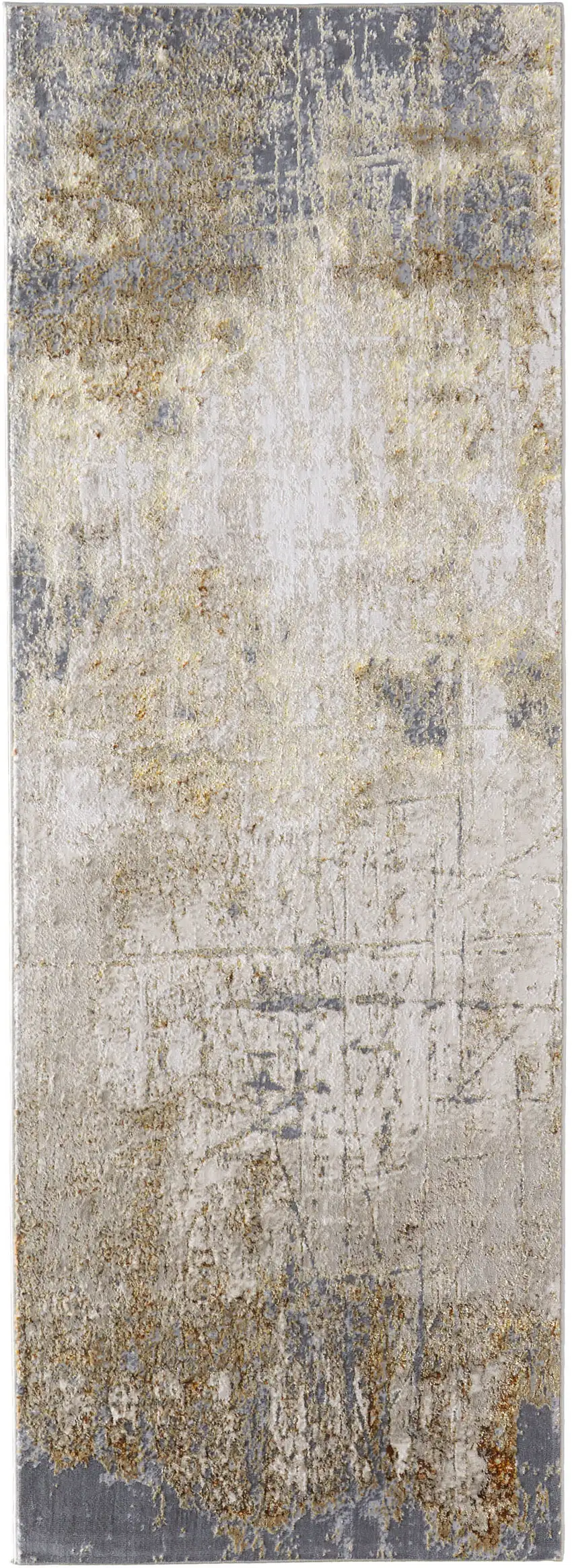 8' Ivory Gray and Brown Abstract Power Loom Worn Faded Runner Rug Photo 1