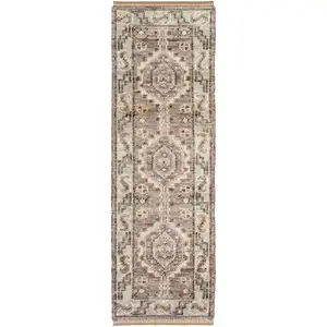 Photo of 10' Ivory Gray and Brown Wool Geometric Hand Knotted Runner Rug With Fringe