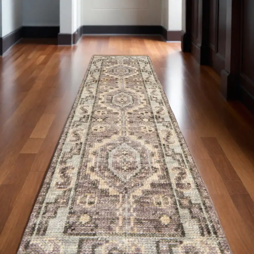14' Ivory Gray and Brown Wool Geometric Hand Knotted Runner Rug With Fringe Photo 1