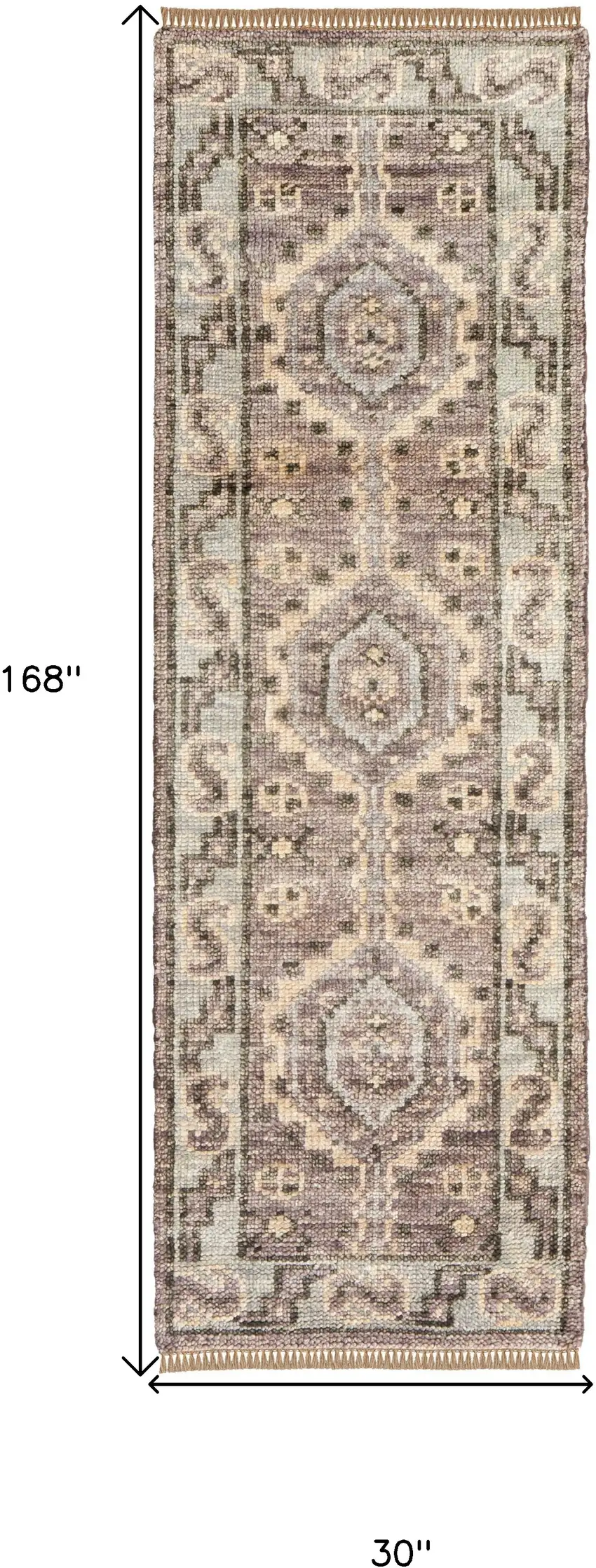 14' Ivory Gray and Brown Wool Geometric Hand Knotted Runner Rug With Fringe Photo 3