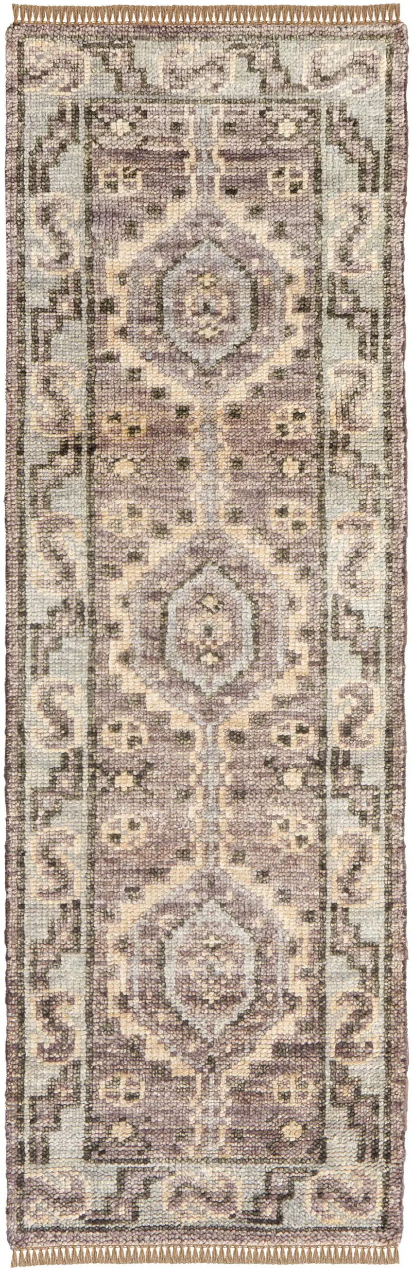 14' Ivory Gray and Brown Wool Geometric Hand Knotted Runner Rug With Fringe Photo 2