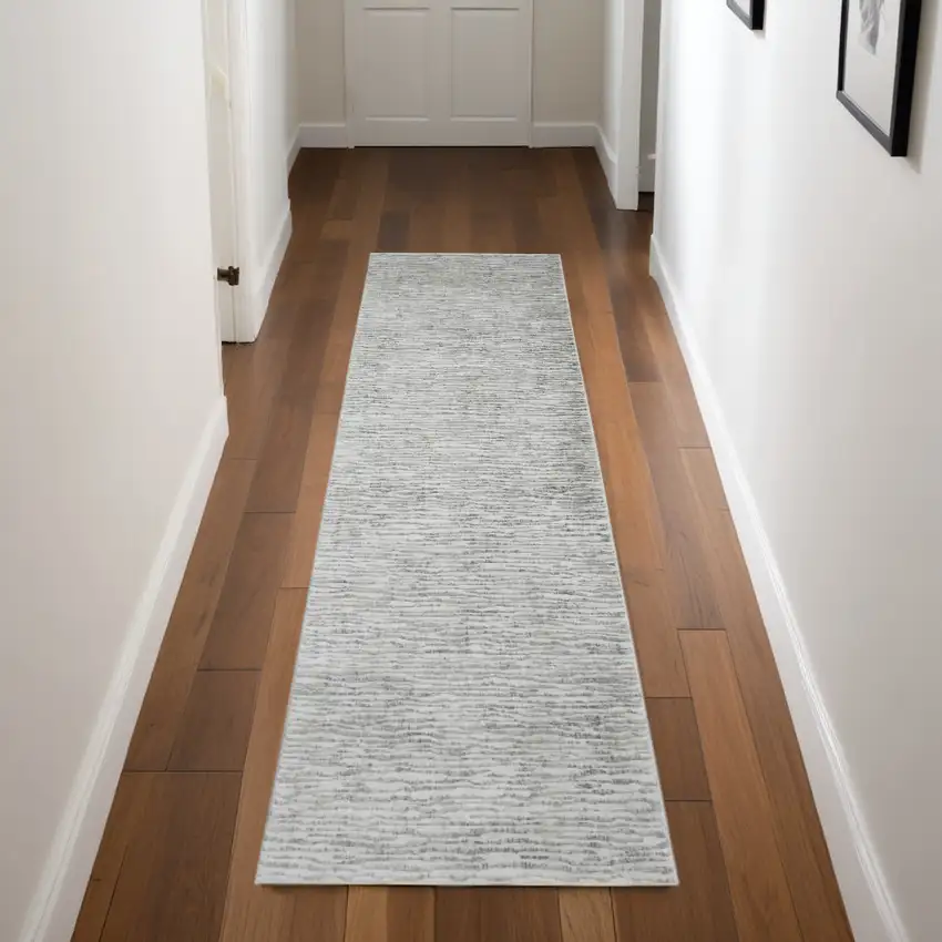 8' Ivory Gray and Green Abstract Power Loom Worn Faded Runner Rug Photo 2