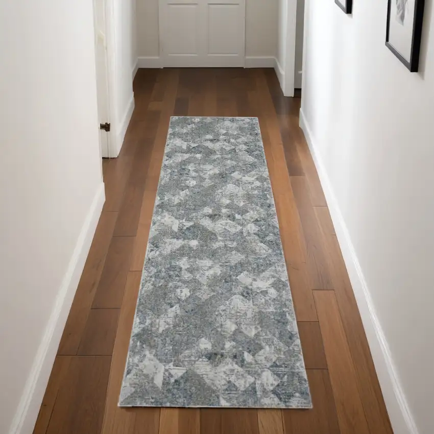 8' Ivory Gray and Green Abstract Power Loom Worn Faded Runner Rug Photo 2