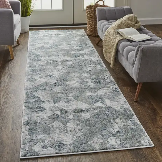 8' Ivory Gray and Green Abstract Power Loom Worn Faded Runner Rug Photo 5