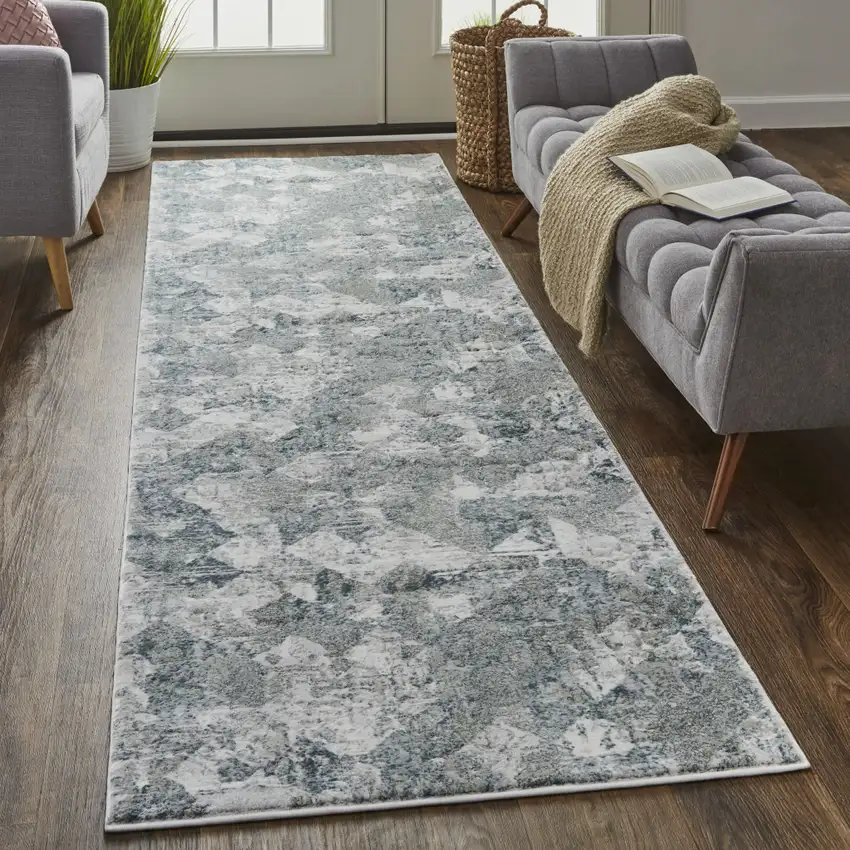 8' Ivory Gray and Green Abstract Power Loom Worn Faded Runner Rug Photo 5