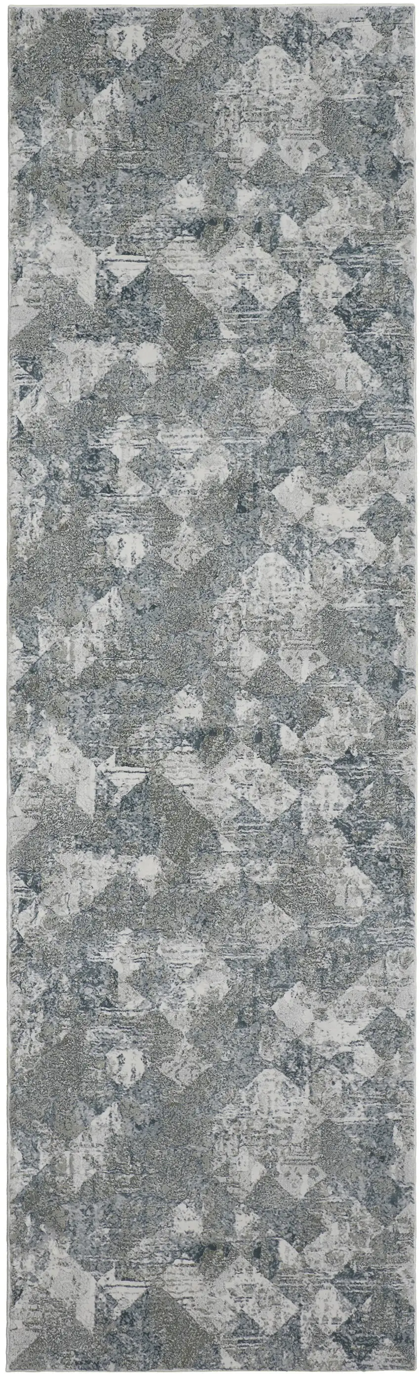 8' Ivory Gray and Green Abstract Power Loom Worn Faded Runner Rug Photo 1