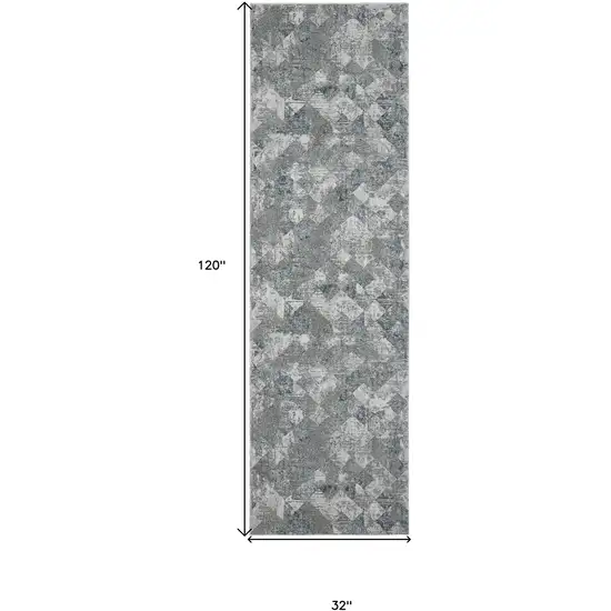 8' Ivory Gray and Green Abstract Power Loom Worn Faded Runner Rug Photo 6