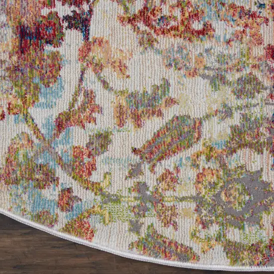 6' Ivory Gray and Orange Floral Distressed Non Skid Round Rug Photo 6
