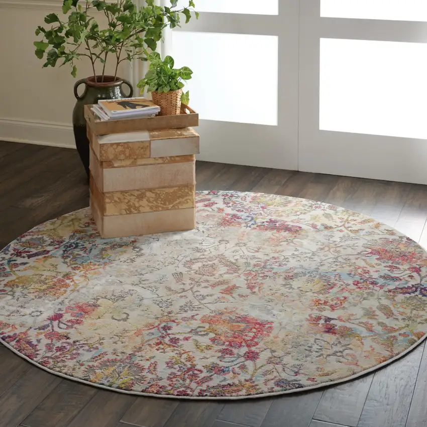 6' Ivory Gray and Orange Floral Distressed Non Skid Round Rug Photo 6