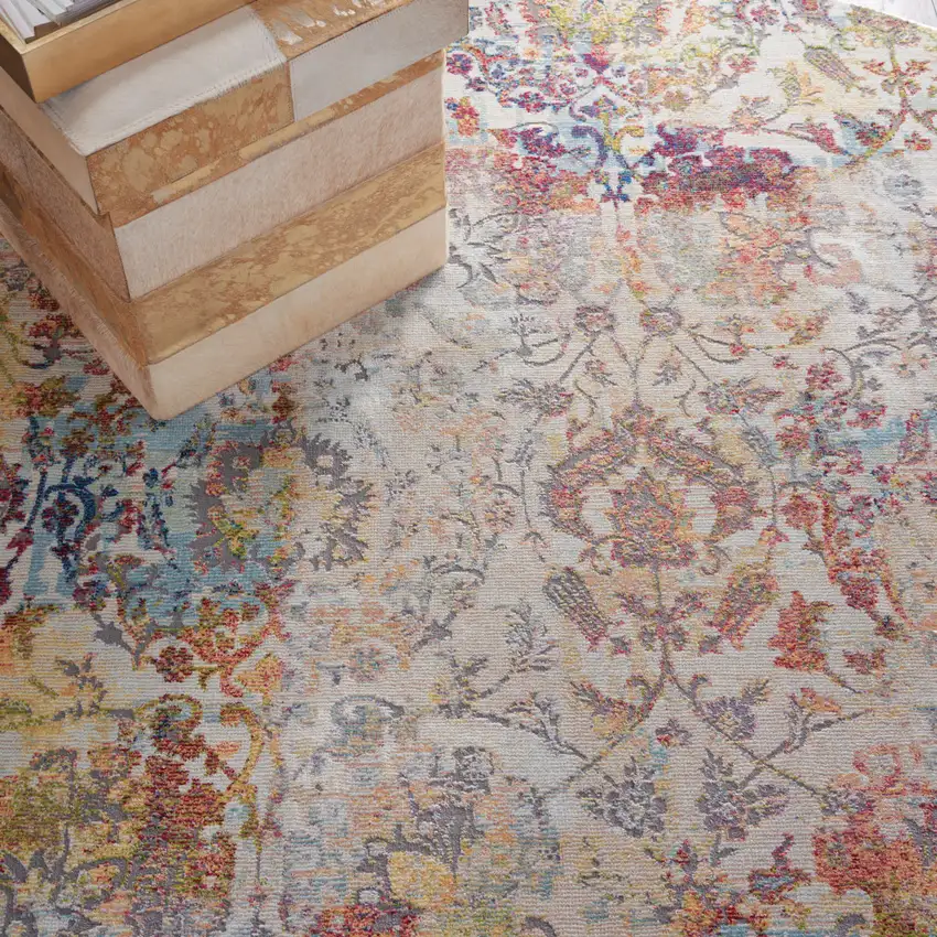 6' Ivory Gray and Orange Floral Distressed Non Skid Round Rug Photo 9