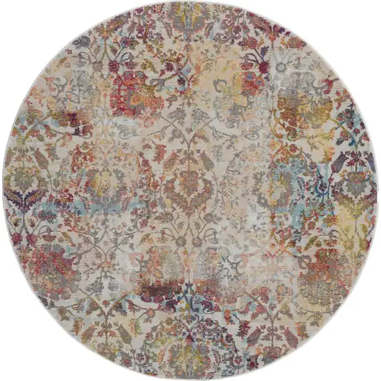 6' Ivory Gray and Orange Floral Distressed Non Skid Round Rug Photo 1