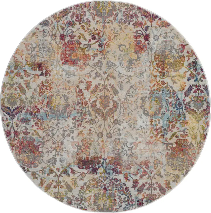 6' Ivory Gray and Orange Floral Distressed Non Skid Round Rug Photo 2