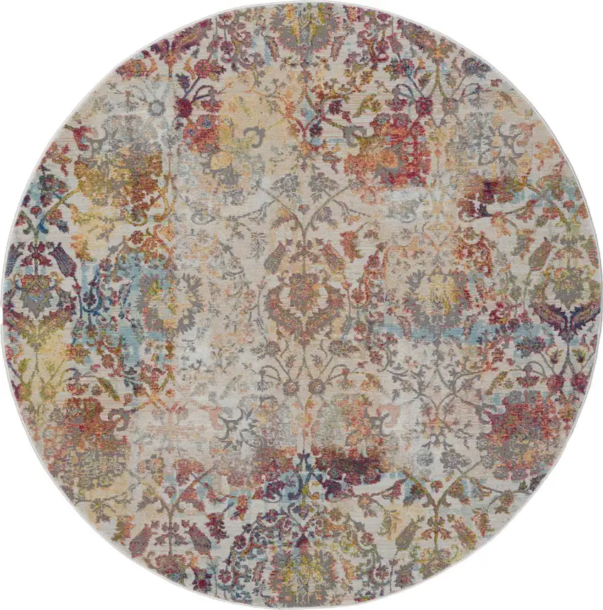 6' Ivory Gray and Orange Floral Distressed Non Skid Round Rug Photo 5
