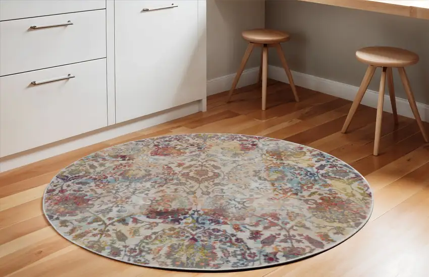 6' Ivory Gray and Orange Floral Distressed Non Skid Round Rug Photo 1