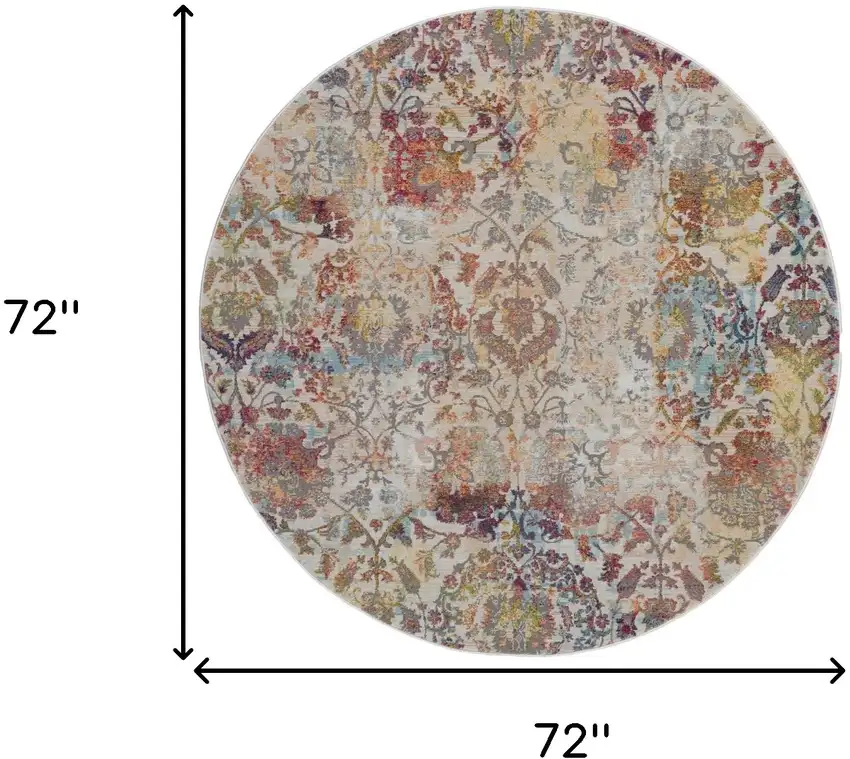 6' Ivory Gray and Orange Floral Distressed Non Skid Round Rug Photo 3