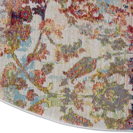 6' Ivory Gray and Orange Floral Distressed Non Skid Round Rug Photo 8
