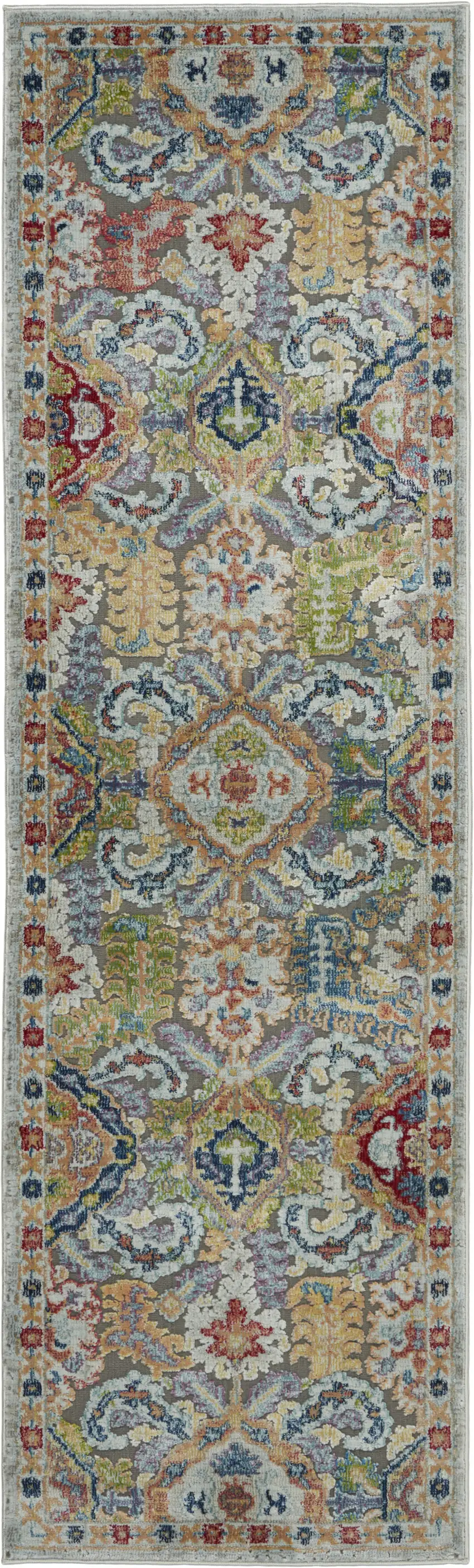 6' Ivory Gray and Orange Floral Distressed Non Skid Runner Rug Photo 2