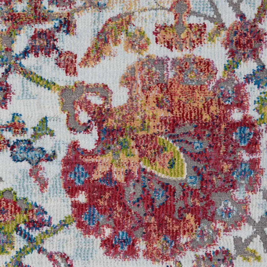 8' Ivory Gray and Orange Floral Distressed Non Skid Runner Rug Photo 5