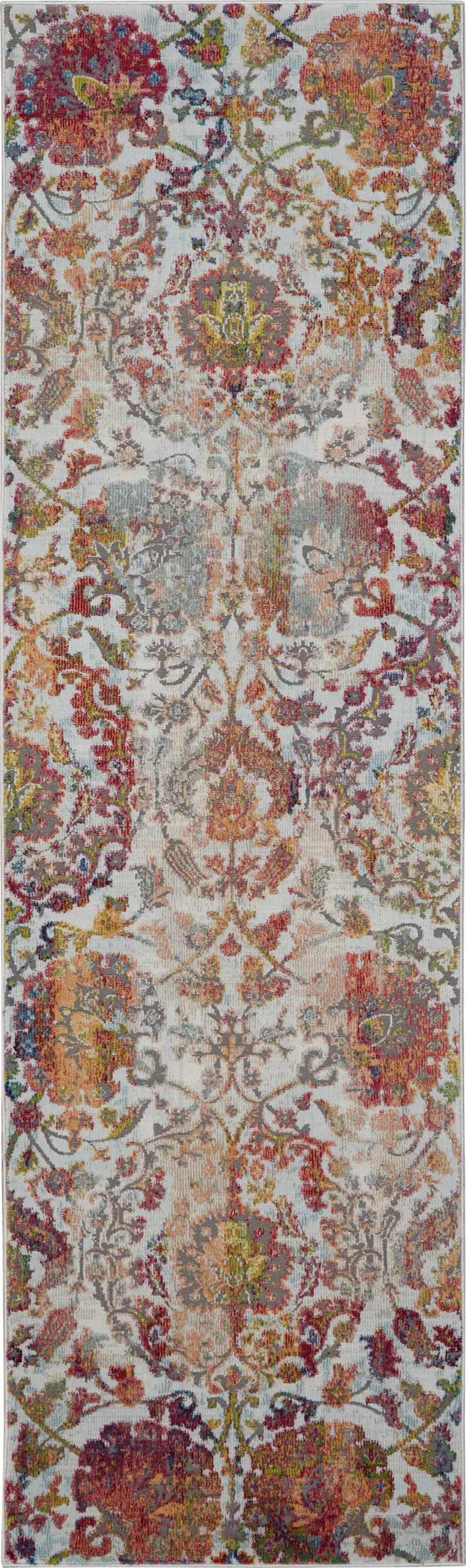 8' Ivory Gray and Orange Floral Distressed Non Skid Runner Rug Photo 6