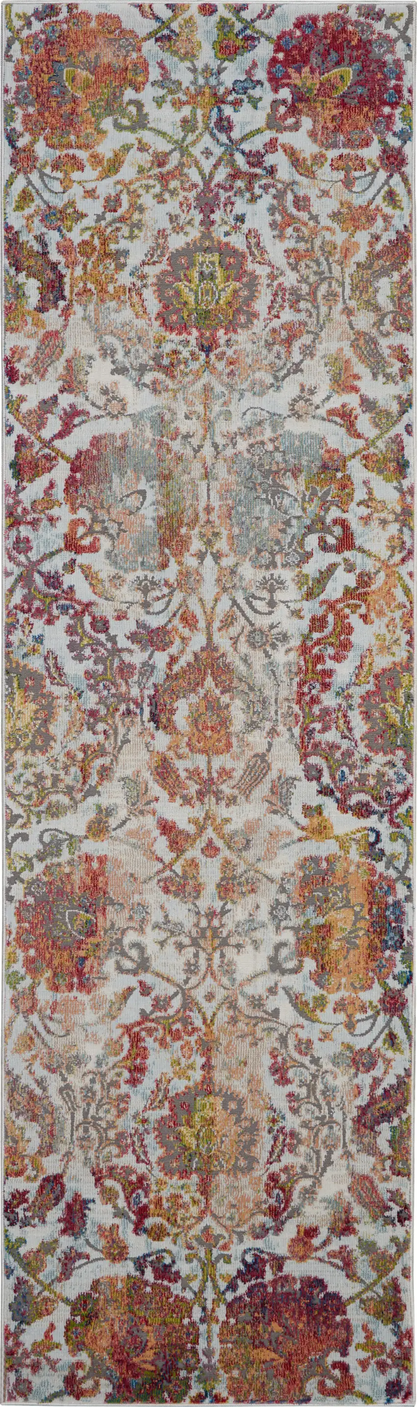 8' Ivory Gray and Orange Floral Distressed Non Skid Runner Rug Photo 2