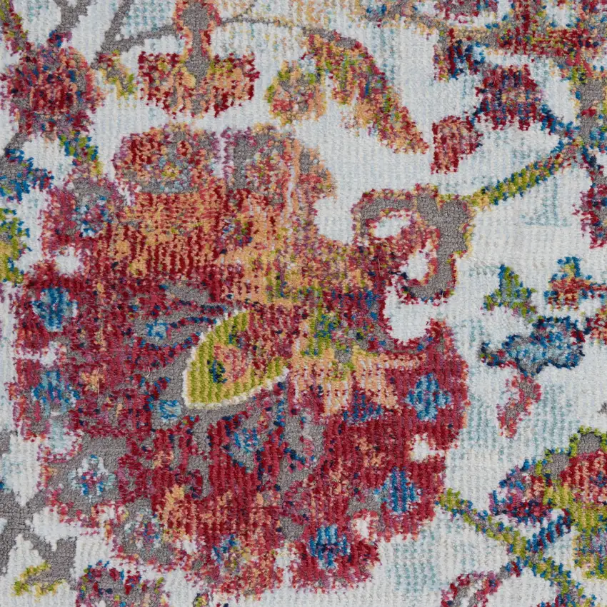 8' Ivory Gray and Orange Floral Distressed Non Skid Runner Rug Photo 2