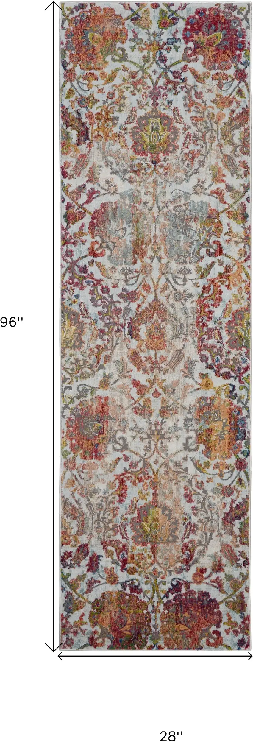 8' Ivory Gray and Orange Floral Distressed Non Skid Runner Rug Photo 3
