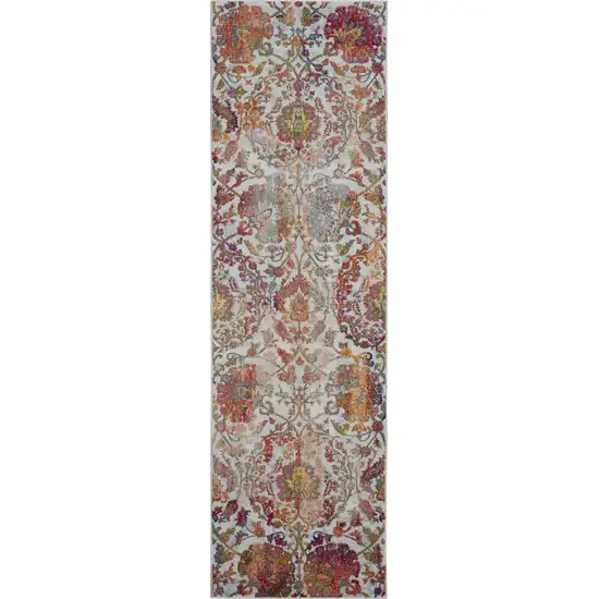 8' Ivory Gray and Orange Floral Distressed Non Skid Runner Rug Photo 9