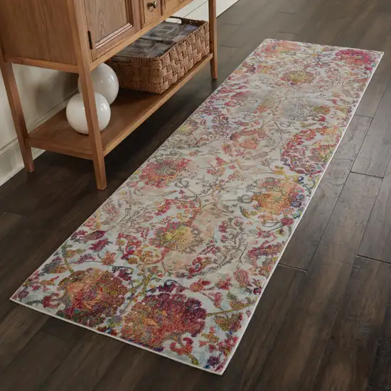 8' Ivory Gray and Orange Floral Distressed Non Skid Runner Rug Photo 6