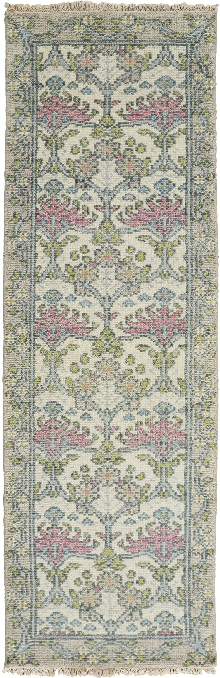 8' Ivory Gray and Pink Wool Floral Hand Knotted Runner Rug Photo 2