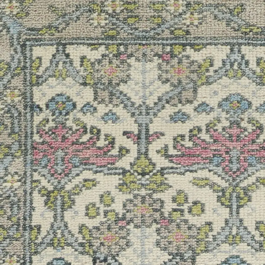 8' Ivory Gray and Pink Wool Floral Hand Knotted Runner Rug Photo 4