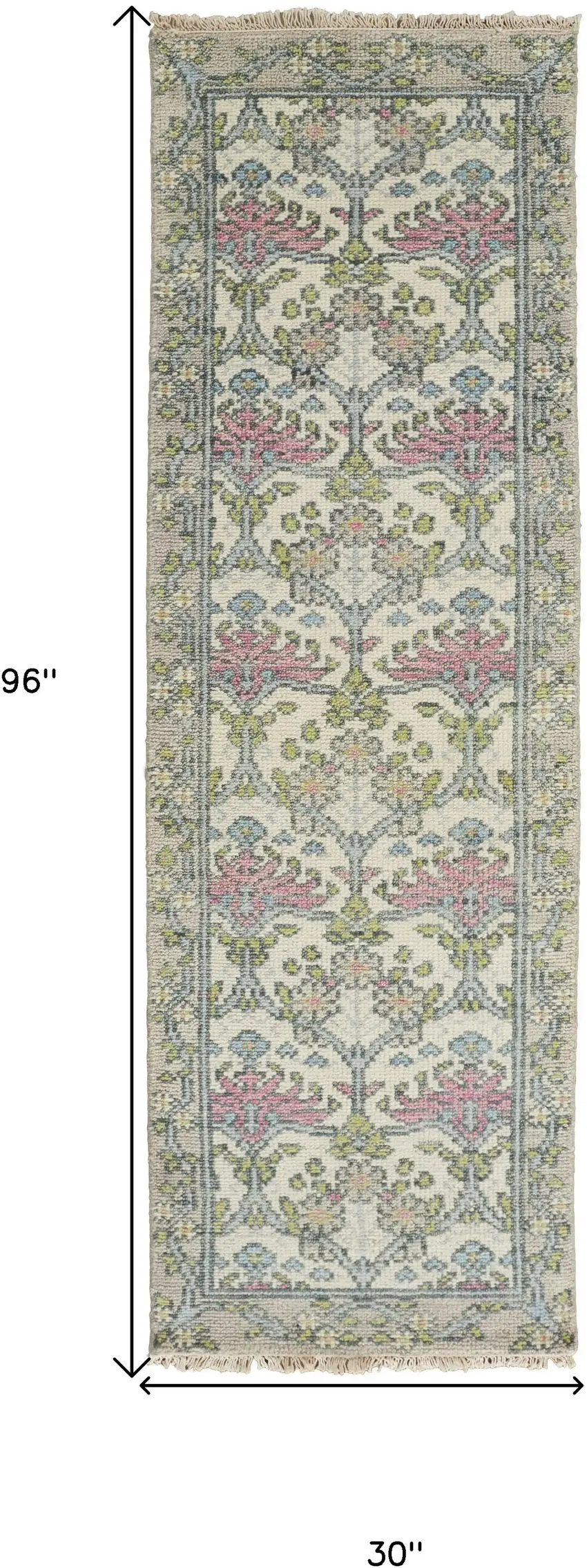 8' Ivory Gray and Pink Wool Floral Hand Knotted Runner Rug Photo 3
