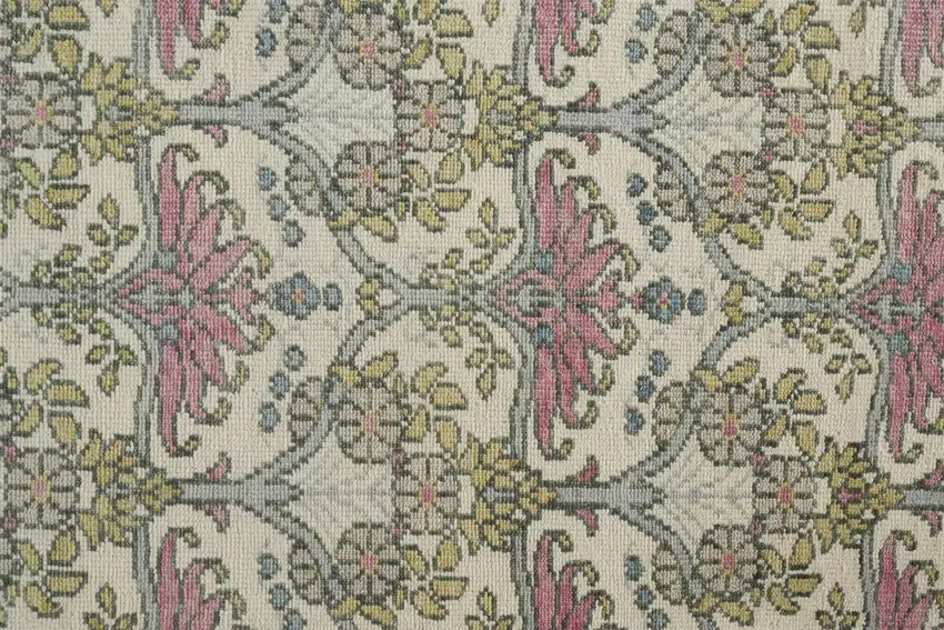 8' Ivory Gray and Pink Wool Floral Hand Knotted Runner Rug Photo 8
