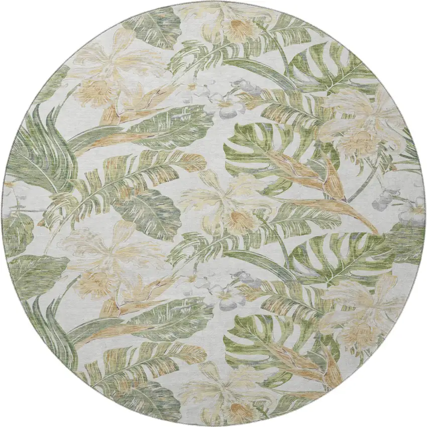 8' Ivory Green And Beige Floral Washable Round Rug With UV Protection Photo 3