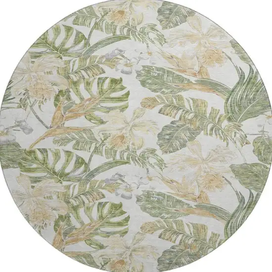 8' Ivory Green And Beige Floral Washable Round Rug With UV Protection Photo 2