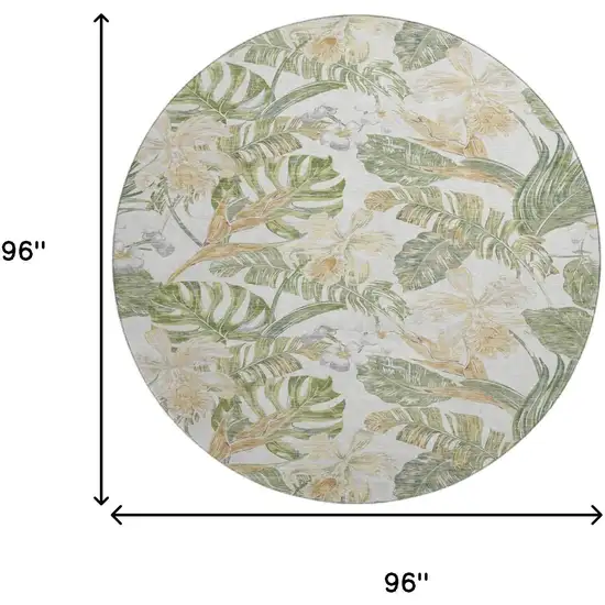 8' Ivory Green And Beige Floral Washable Round Rug With UV Protection Photo 9