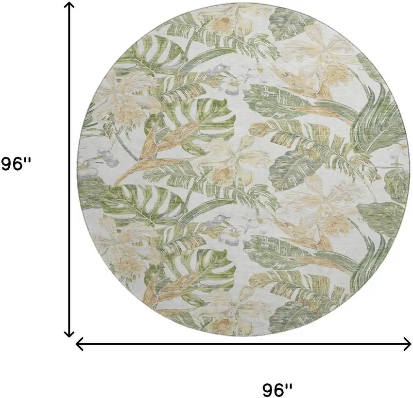 8' Ivory Green And Beige Floral Washable Round Rug With UV Protection Photo 9