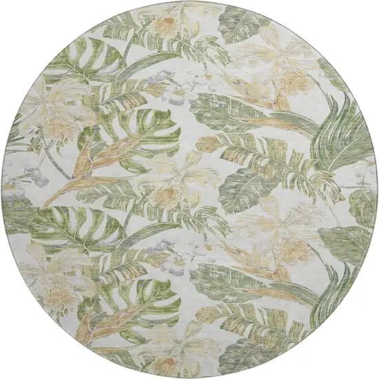 8' Ivory Green And Beige Floral Washable Round Rug With UV Protection Photo 1
