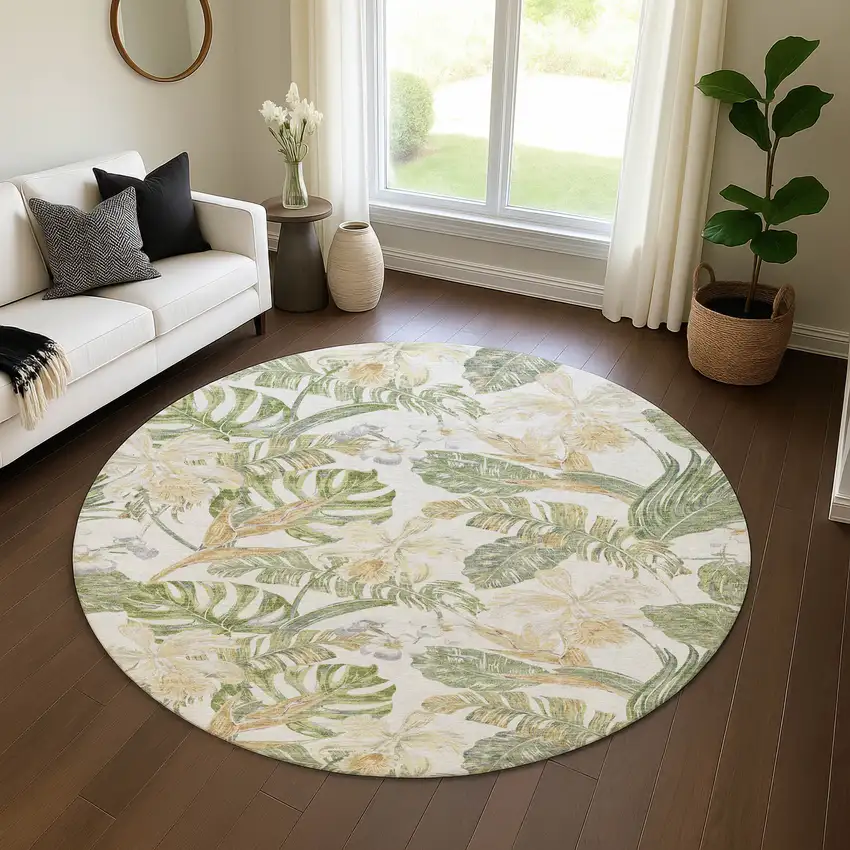 8' Ivory Green And Beige Floral Washable Round Rug With UV Protection Photo 4