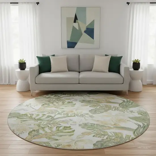 8' Ivory Green And Beige Floral Washable Round Rug With UV Protection Photo 2