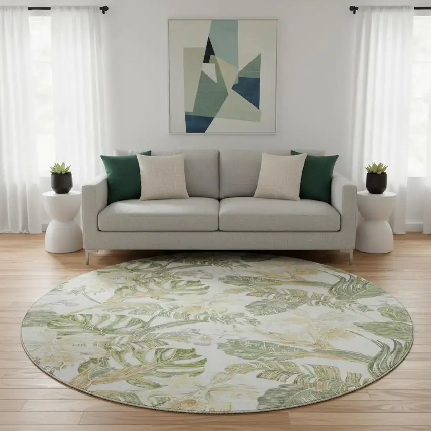 8' Ivory Green And Beige Floral Washable Round Rug With UV Protection Photo 2