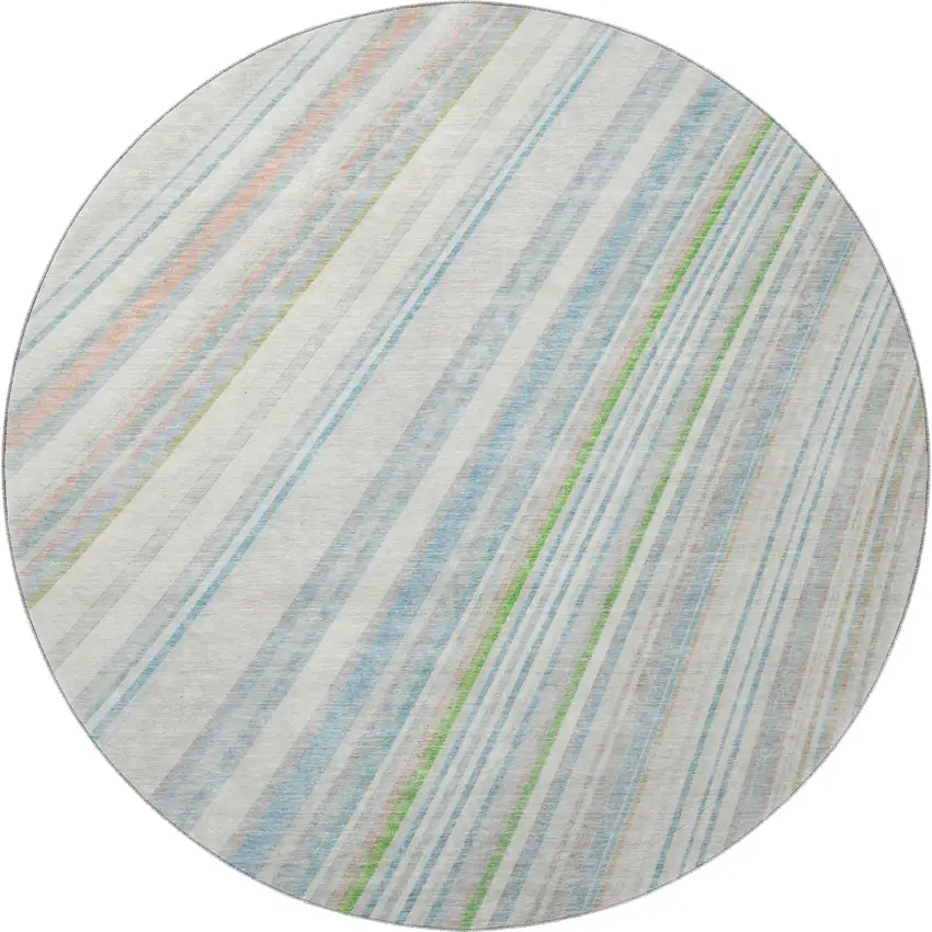 8' Ivory Green And Beige Striped Washable Round Rug With UV Protection Photo 2