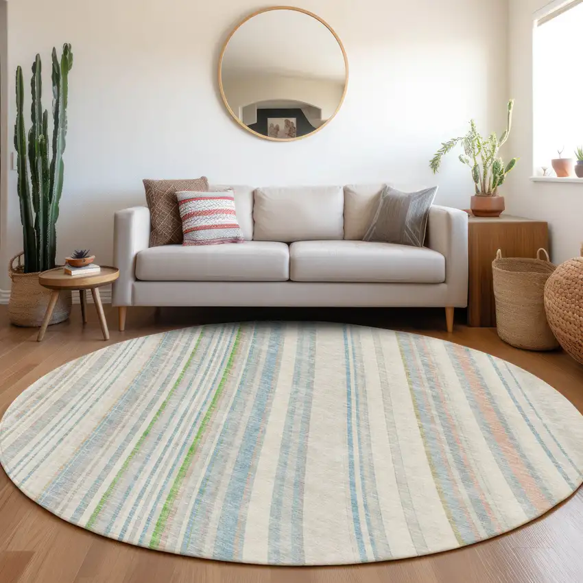 8' Ivory Green And Beige Striped Washable Round Rug With UV Protection Photo 3
