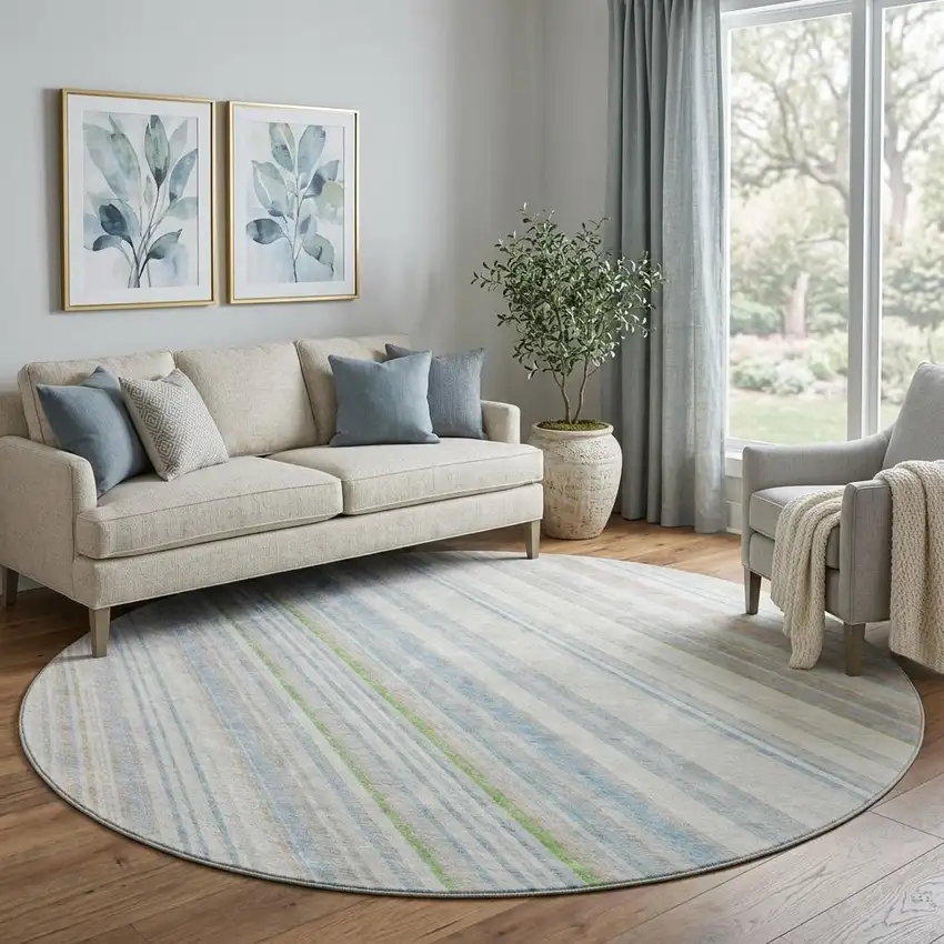 8' Ivory Green And Beige Striped Washable Round Rug With UV Protection Photo 1