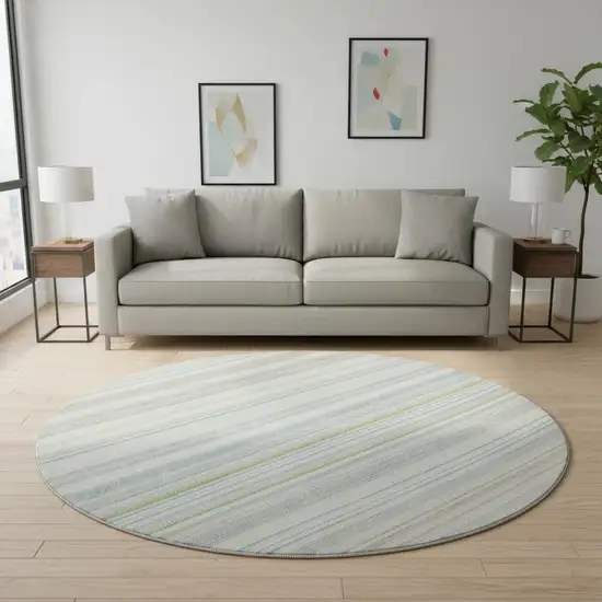 8' Ivory Green And Beige Striped Washable Round Rug With UV Protection Photo 2