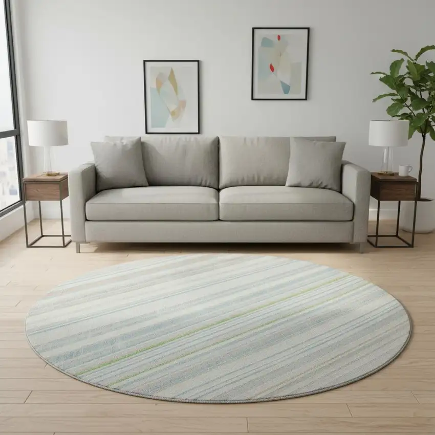 8' Ivory Green And Beige Striped Washable Round Rug With UV Protection Photo 2