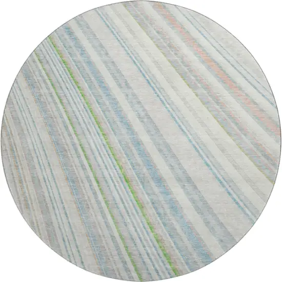 8' Ivory Green And Beige Striped Washable Round Rug With UV Protection Photo 1
